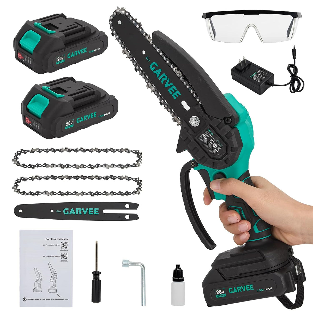Garvee 20V 6-Inch Cordless Chainsaw with Dual Battery