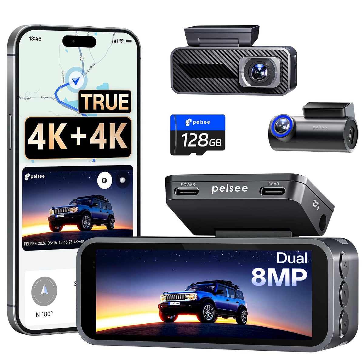 4K Front and Rear Dash Cam with 128GB Card